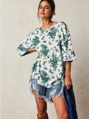 Free People Oversized Tee with Blue Green Floral Print M